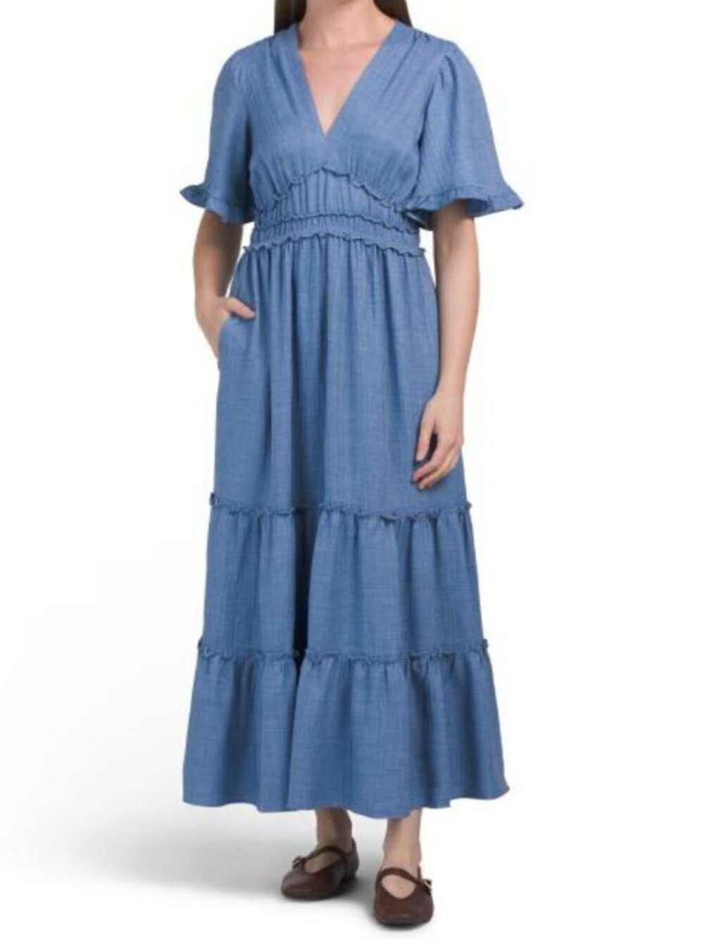 MAX STUDIO V-neck Tiered Empire Waist Maxi Dress